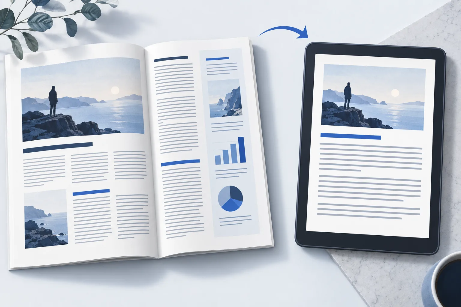 Complex magazine layout beside a spacious reading edition