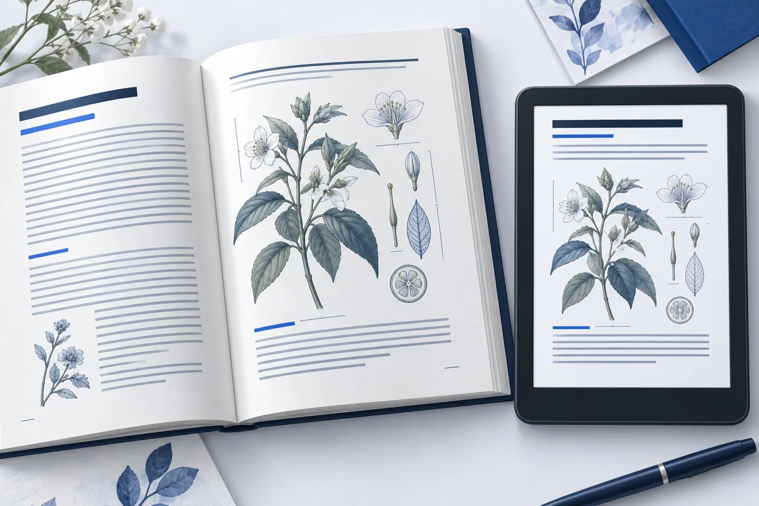 Illustrated science article beside a reading edition retaining its botanical diagram