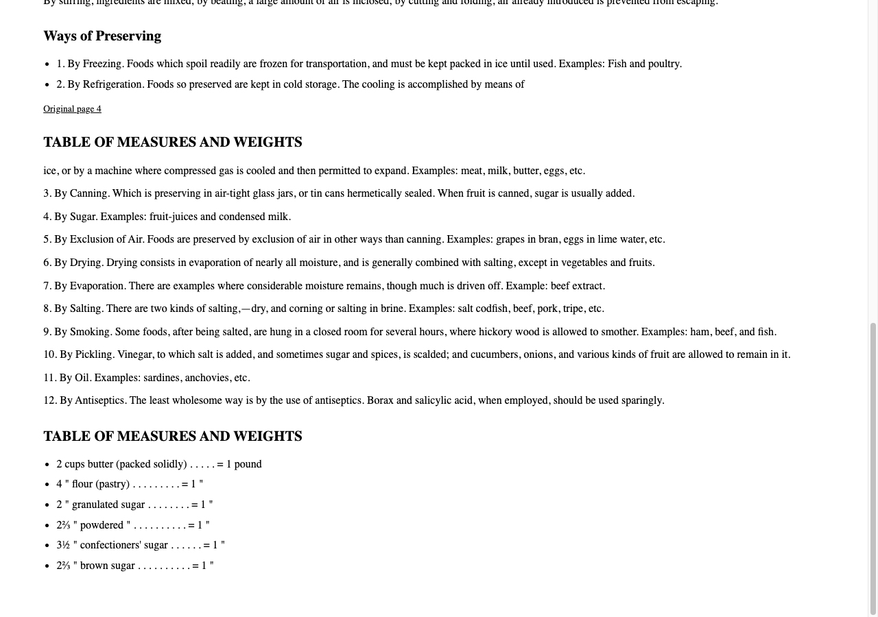 Actual unedited selected-page sample retains six measurement rows as selectable list text, not an HTML table. Browser rendering with original styles.
