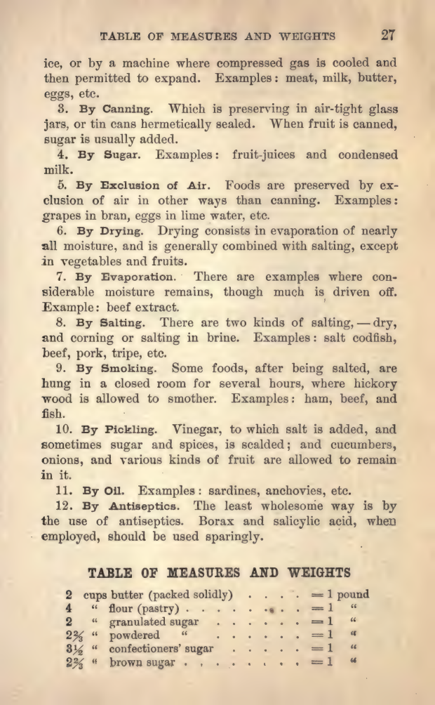 Actual table page from the 1917 cookbook excerpt.