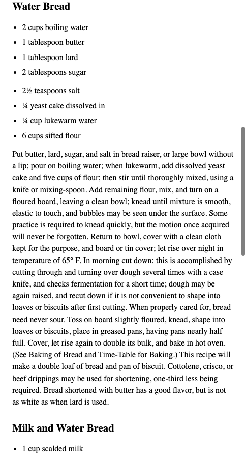 Actual Water Bread body text from the unchanged three-page input; retained fractions and ingredients.