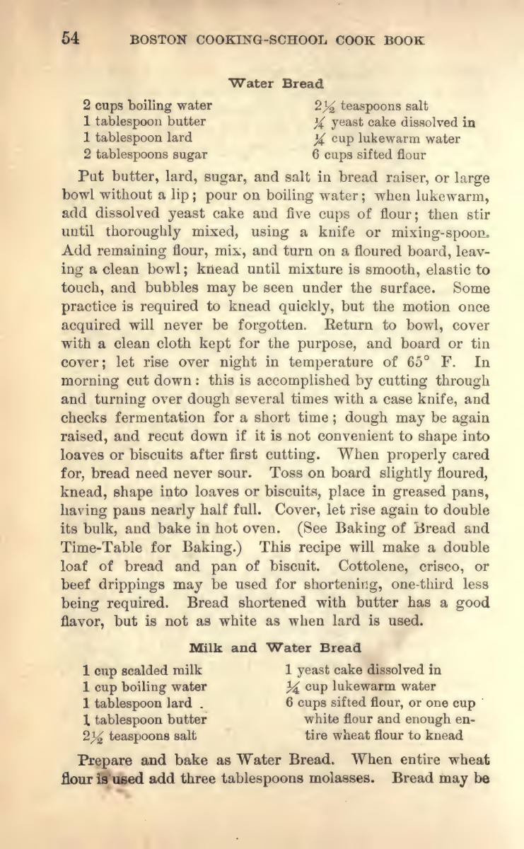 Original Water Bread recipe, printed page 54 in Farmer’s 1917cookbook.