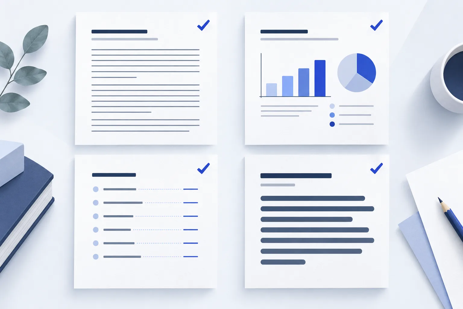 Four reading checks covering paragraph order, images, contents and larger text