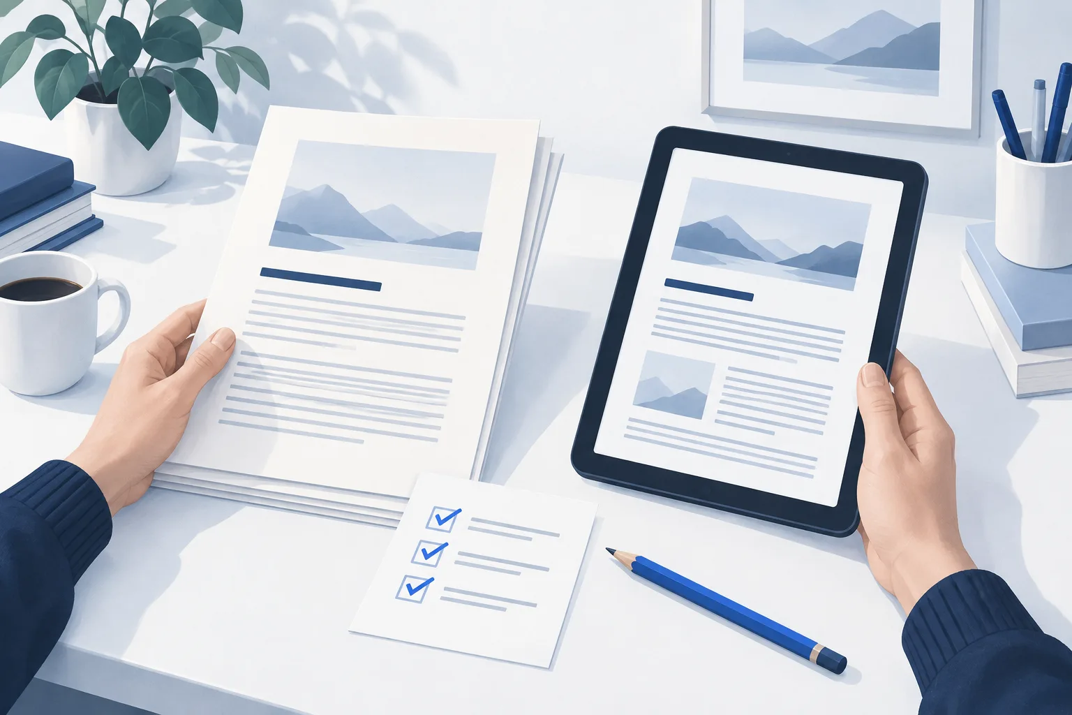 Reader comparing a source document with a reading tablet and a short checklist