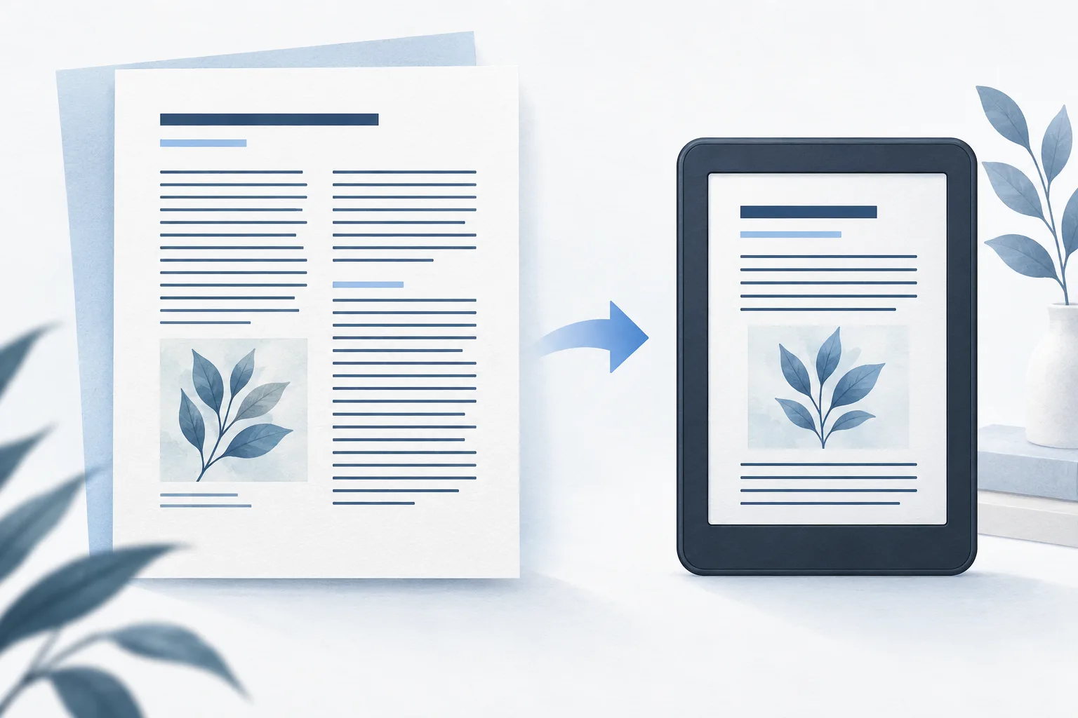 Two-column document beside a single-column e-reader with an illustration retained