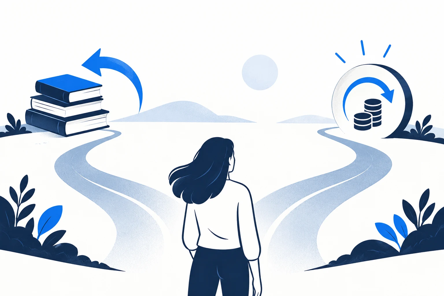 Reader facing separate routes toward books and returned credit symbols